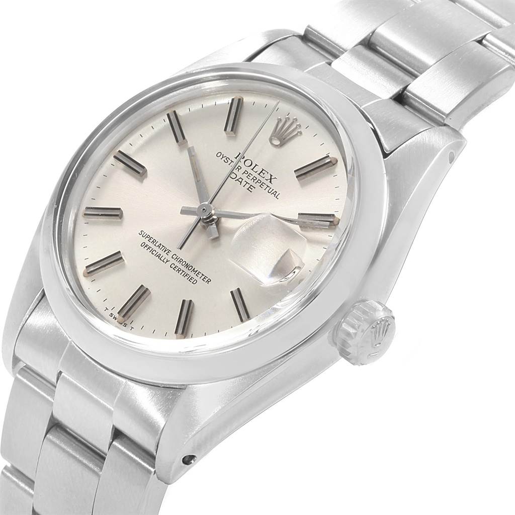 The image shows a Rolex Vintage Collection 1500 Men's Stainless Steel Silver Dial 1500 Men's Stainless Steel Silver Dial watch from an angled view, highlighting the dial, bezel, crown, and part of the bracelet.