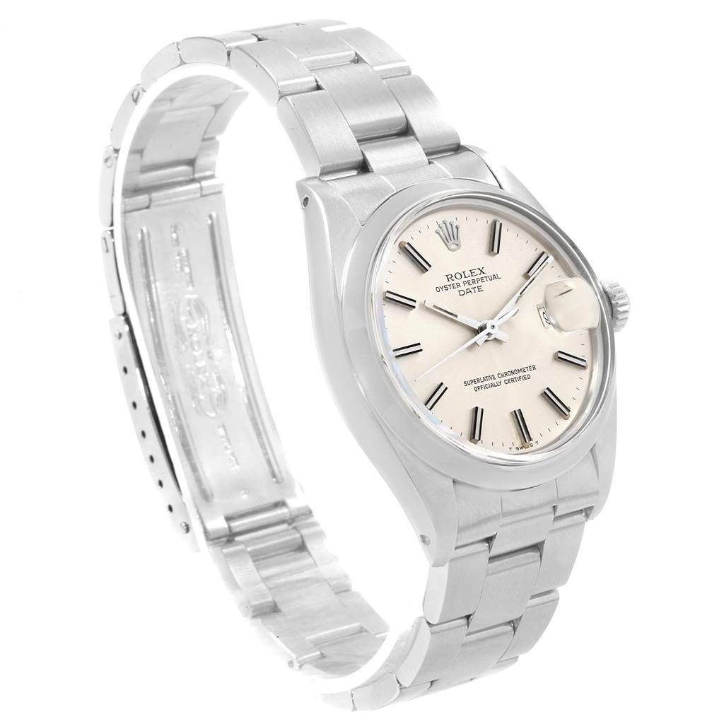 The image shows a side angle of the Rolex Vintage Collection 1500 Men's Stainless Steel Silver Dial 1500 Men's Stainless Steel Silver Dial model, displaying the watch face and open stainless steel bracelet.