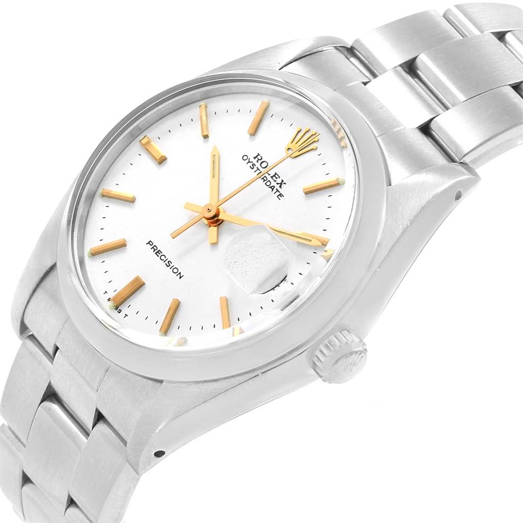 The image shows a Rolex Vintage Collection 6694 Men's Stainless Steel White Dial 6694 Men's Stainless Steel White Dial watch at an angled side view, highlighting the face, dial, crown, and bracelet.