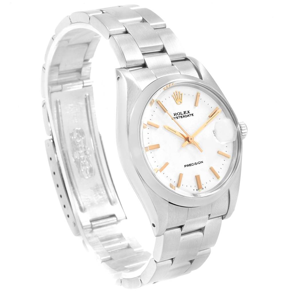 The Rolex Vintage Collection 6694 Men's Stainless Steel White Dial 6694 Men's Stainless Steel White Dial model watch is shown at an angled side view, displaying its face, band, and open clasp.