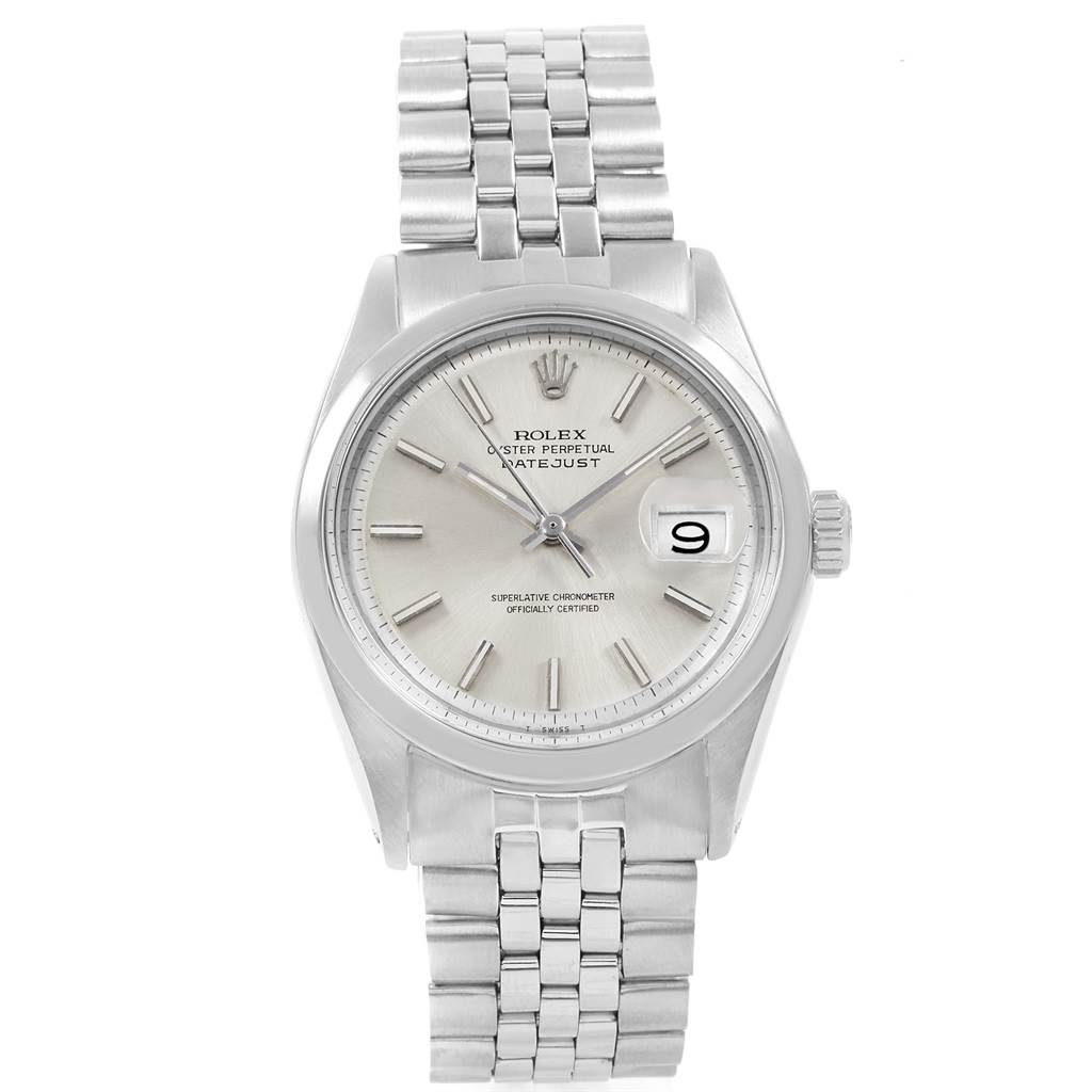 The image shows a front view of the Rolex Vintage Collection 1600 Men's Stainless Steel Silver Dial 1600 Men's Stainless Steel Silver Dial Oyster Perpetual Datejust watch, including its face, bracelet, and crown.