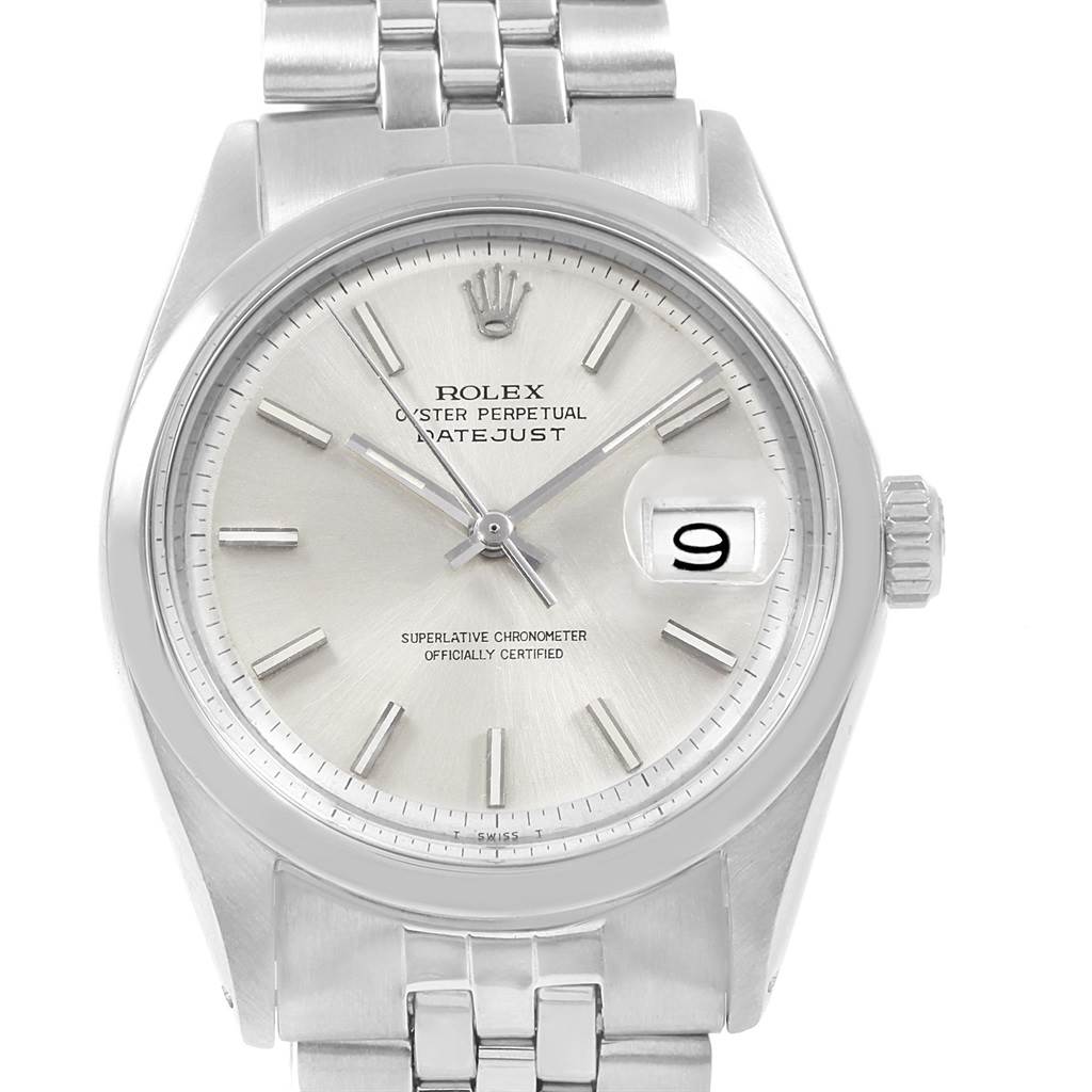 The image shows the Rolex Vintage Collection 1600 Men's Stainless Steel Silver Dial 1600 Men's Stainless Steel Silver Dial Oyster Perpetual Datejust watch from a front-facing angle, highlighting the dial, bezel, and bracelet.