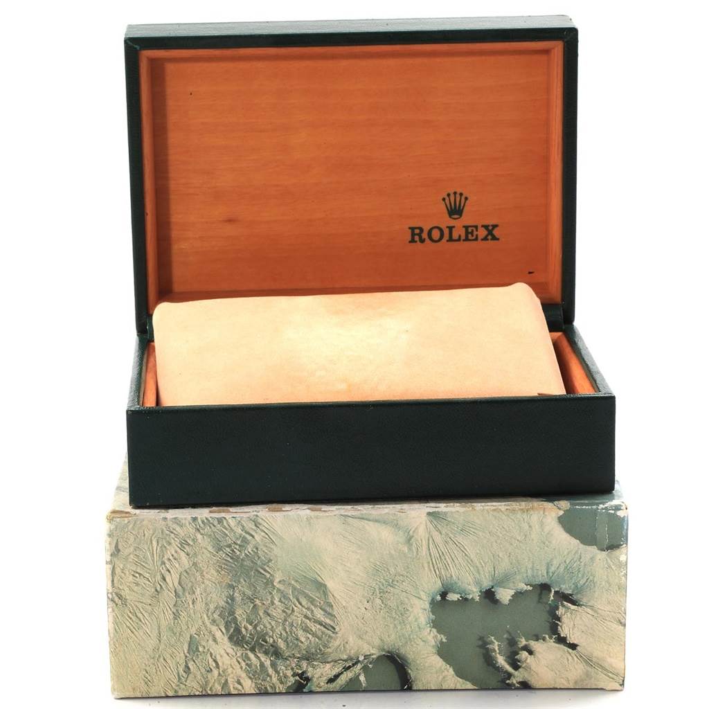 The image shows a Rolex Vintage Collection 1600 Men's Stainless Steel Silver Dial 1600 Men's Stainless Steel Silver Dial watch box, open to reveal the inner cushion, and the outer decorative box.