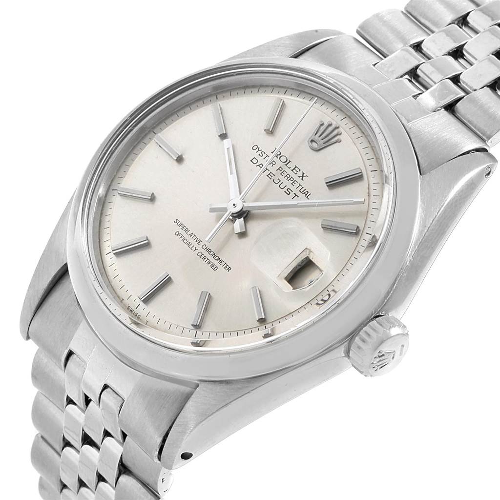 The image shows a close-up angle of the watch face, bezel, crown, and bracelet of the Rolex Vintage Collection 1600 Men's Stainless Steel Silver Dial 1600 Men's Stainless Steel Silver Dial model.