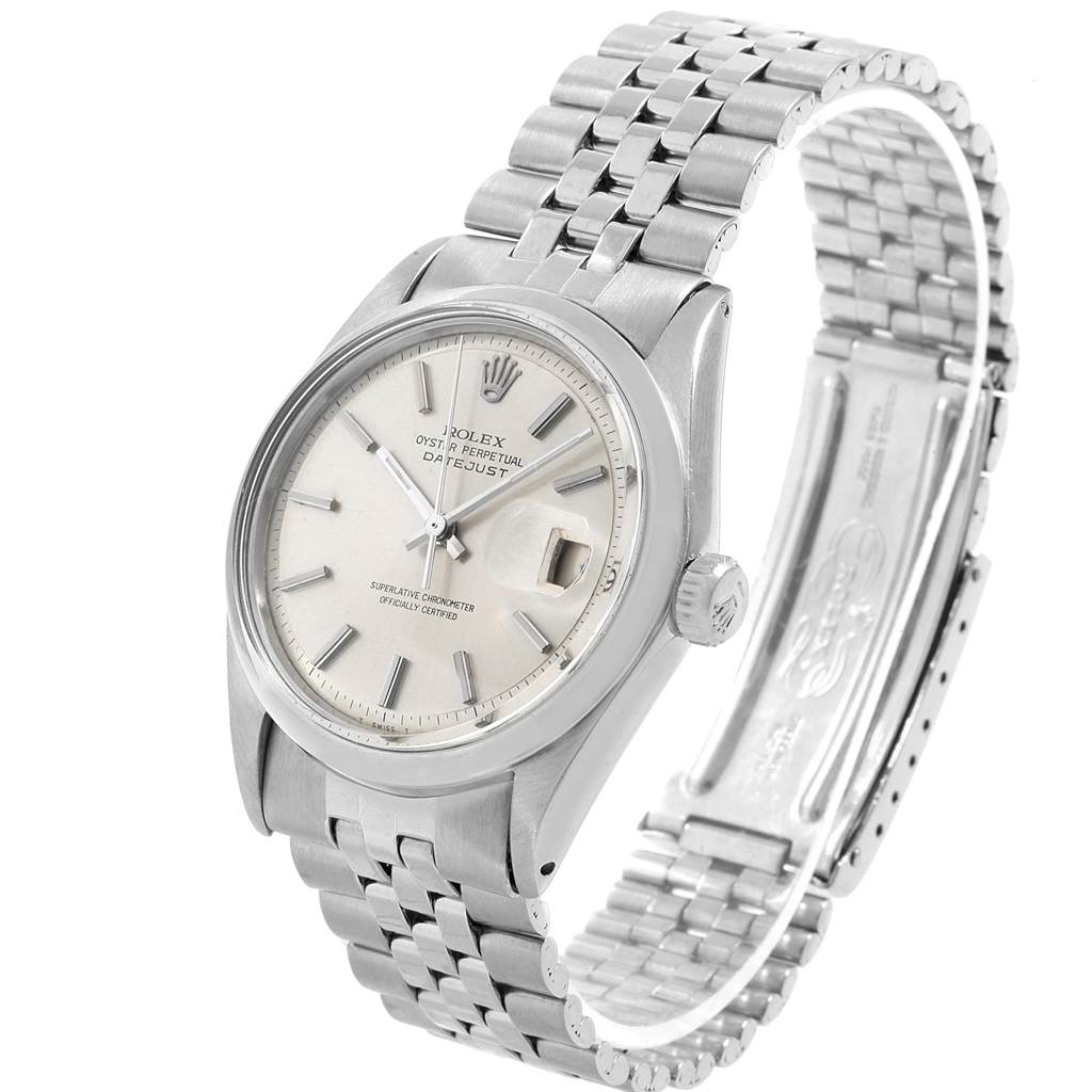 The image shows a side angle of the Rolex Vintage Collection 1600 Men's Stainless Steel Silver Dial 1600 Men's Stainless Steel Silver Dial Datejust watch, highlighting its dial, bezel, crown, and bracelet.