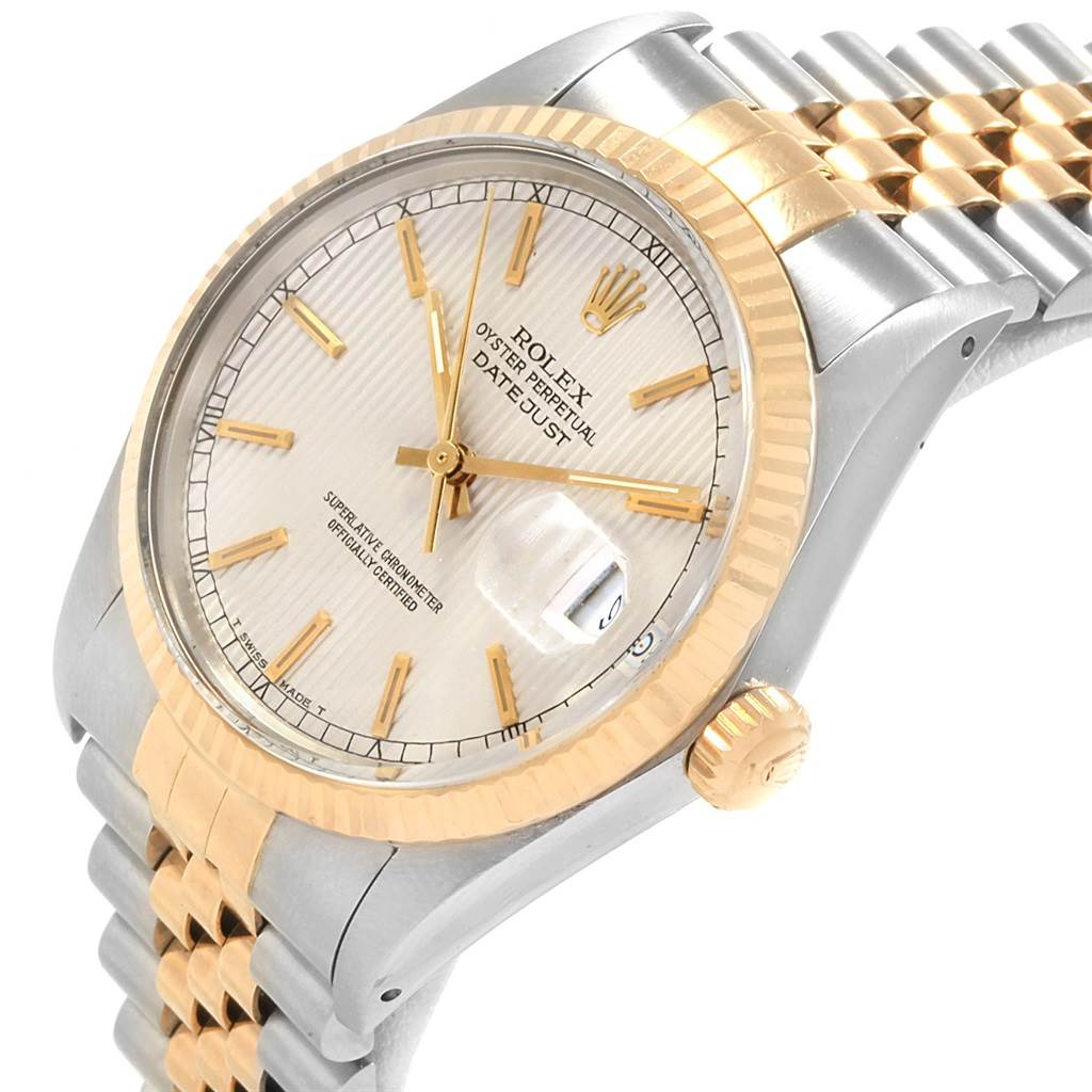 The image shows a close-up, angled view of a Rolex Vintage Collection 16013 Men's Stainless Steel Silver Dial 16013 Men's Stainless Steel Silver Dial Datejust watch, highlighting the dial, bezel, and bracelet.