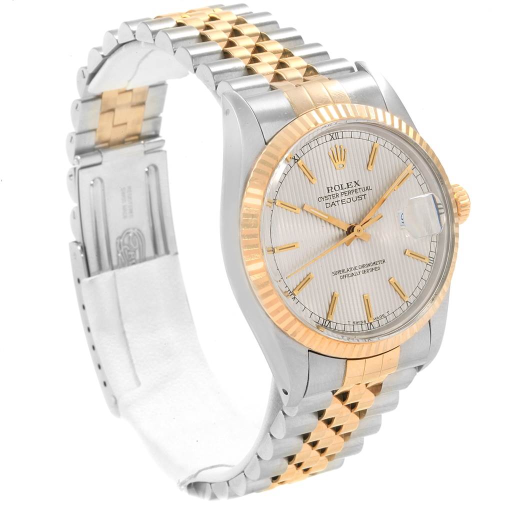 This image shows the Rolex Vintage Collection 16013 Men's Stainless Steel Silver Dial 16013 Men's Stainless Steel Silver Dial watch displaying the face, bezel, and part of the bracelet at a side angle.