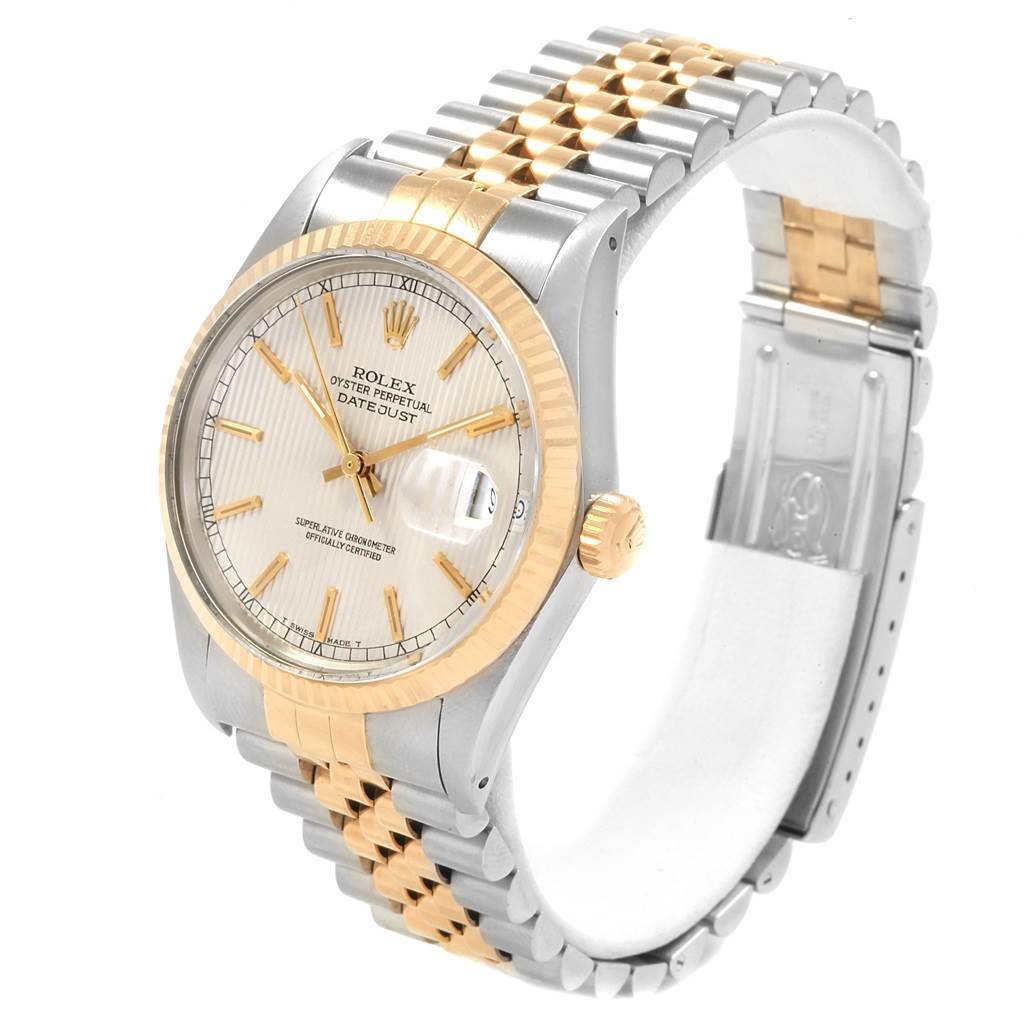 The Rolex Vintage Collection 16013 Men's Stainless Steel Silver Dial 16013 Men's Stainless Steel Silver Dial Datejust watch is shown at an angle highlighting the face, crown, and two-tone bracelet.