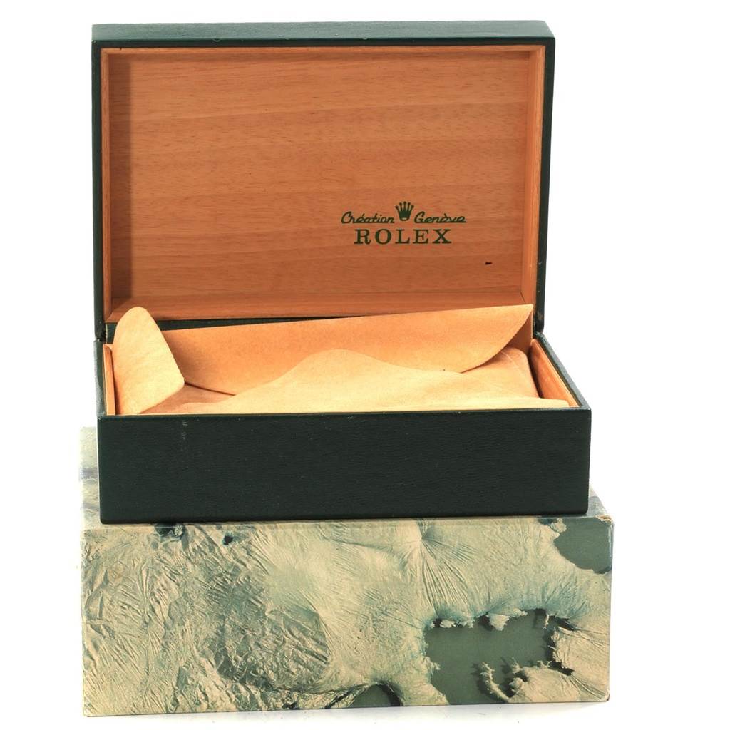 This image shows an open Rolex Vintage Collection 16013 Men's Stainless Steel Silver Dial 16013 Men's Stainless Steel Silver Dial watch box, revealing its interior cushion.