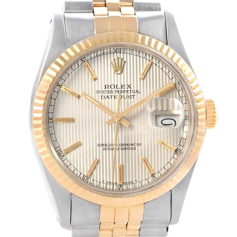 Rolex Datejust Steel Yellow Gold Tapestry Dial Vintage Mens Watch 16013 SwissWatchExpo