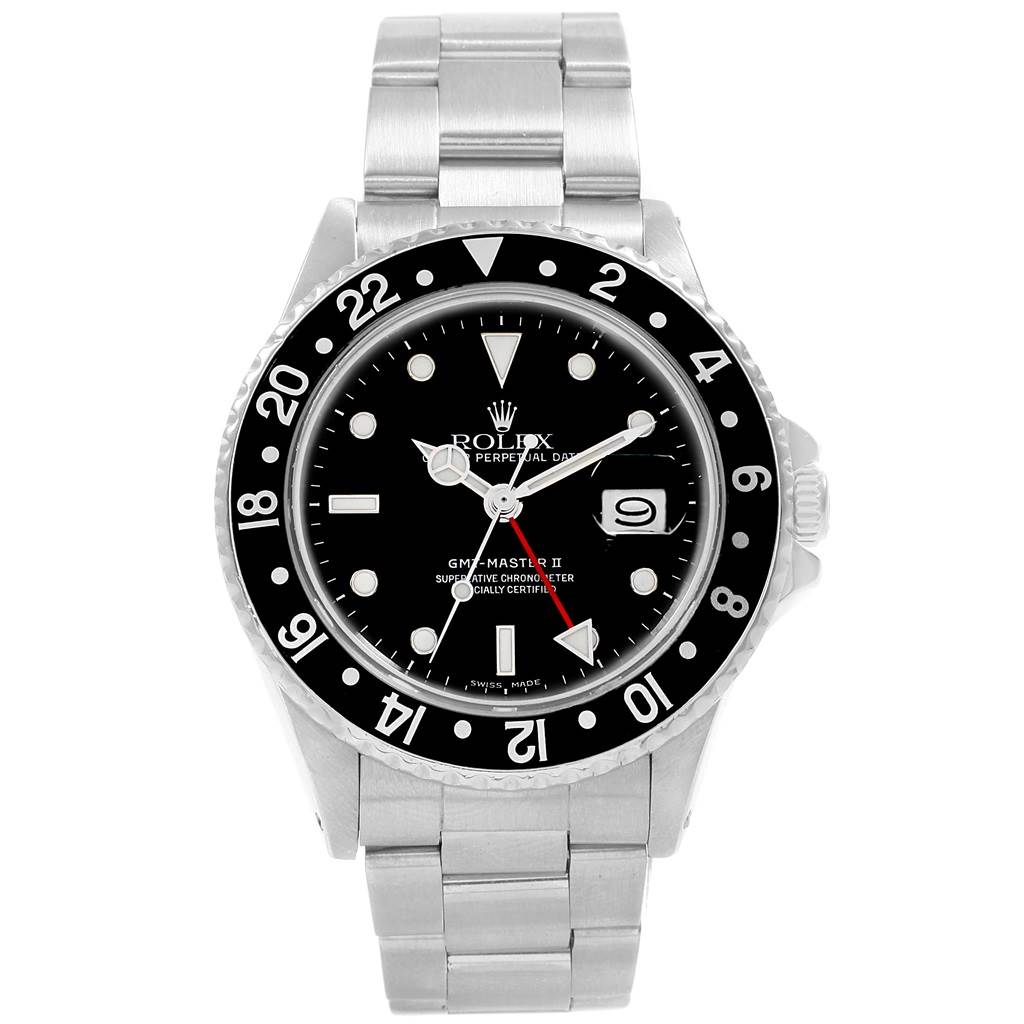 The image shows a front view of the Rolex Vintage Collection 16760 Men's Stainless Steel Black Dial 16760 Men's Stainless Steel Black Dial GMT-Master II watch, displaying the dial, bezel, hands, and bracelet.