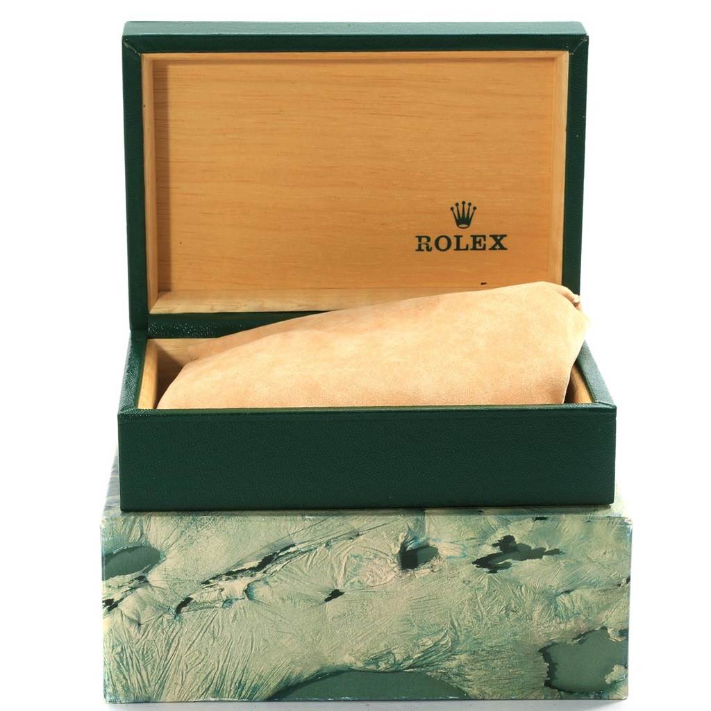 The image shows an open box displaying the packaging of a Rolex Vintage Collection 16760 Men's Stainless Steel Black Dial 16760 Men's Stainless Steel Black Dial model watch.