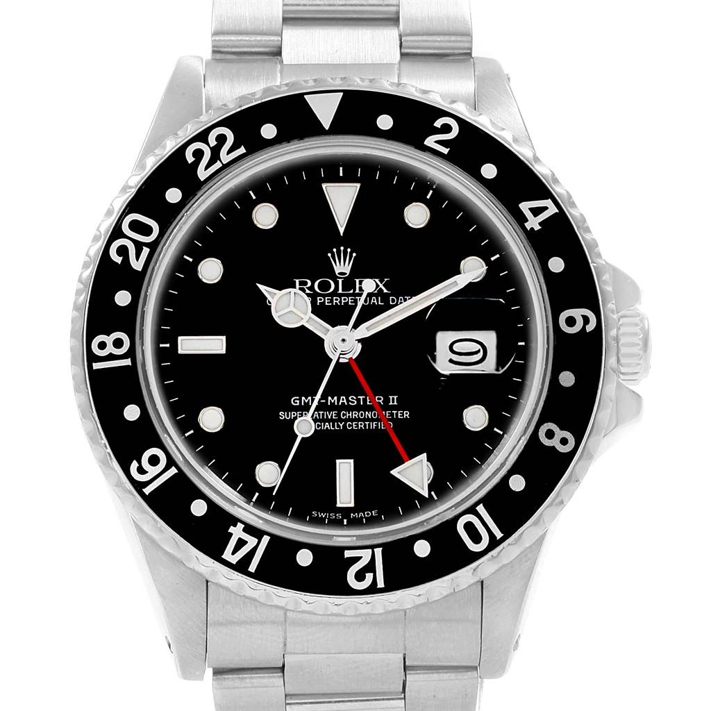 The image shows the front view of a Rolex Vintage Collection 16760 Men's Stainless Steel Black Dial 16760 Men's Stainless Steel Black Dial GMT-Master II watch with a black dial, bezel, and stainless steel bracelet.