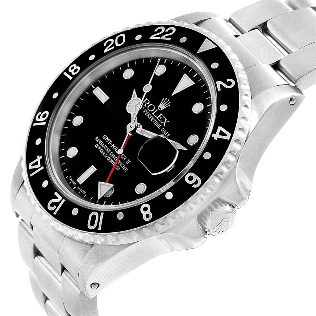 This image shows a Rolex Vintage Collection 16760 Men's Stainless Steel Black Dial 16760 Men's Stainless Steel Black Dial GMT-Master II watch at a slight angle, displaying the face, bezel, crown, and part of the bracelet.