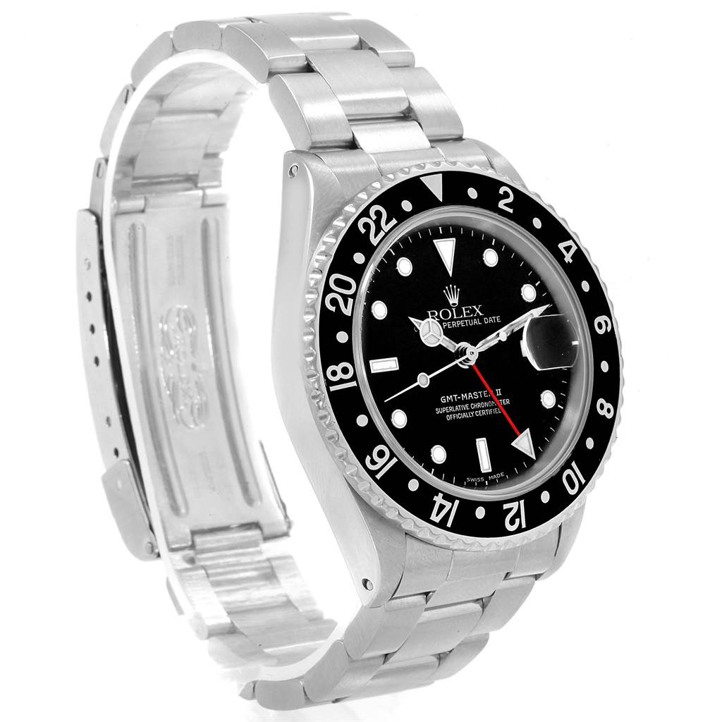 This Rolex Vintage Collection 16760 Men's Stainless Steel Black Dial 16760 Men's Stainless Steel Black Dial GMT-Master II watch is shown from a side angle, displaying the face, bezel, and bracelet.