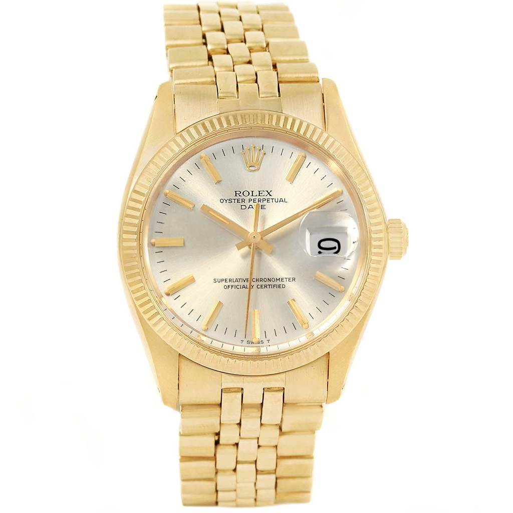 This is a front view of a Rolex Oyster Perpetual Date from the Vintage Collection, showcasing its dial, bracelet, and fluted bezel.