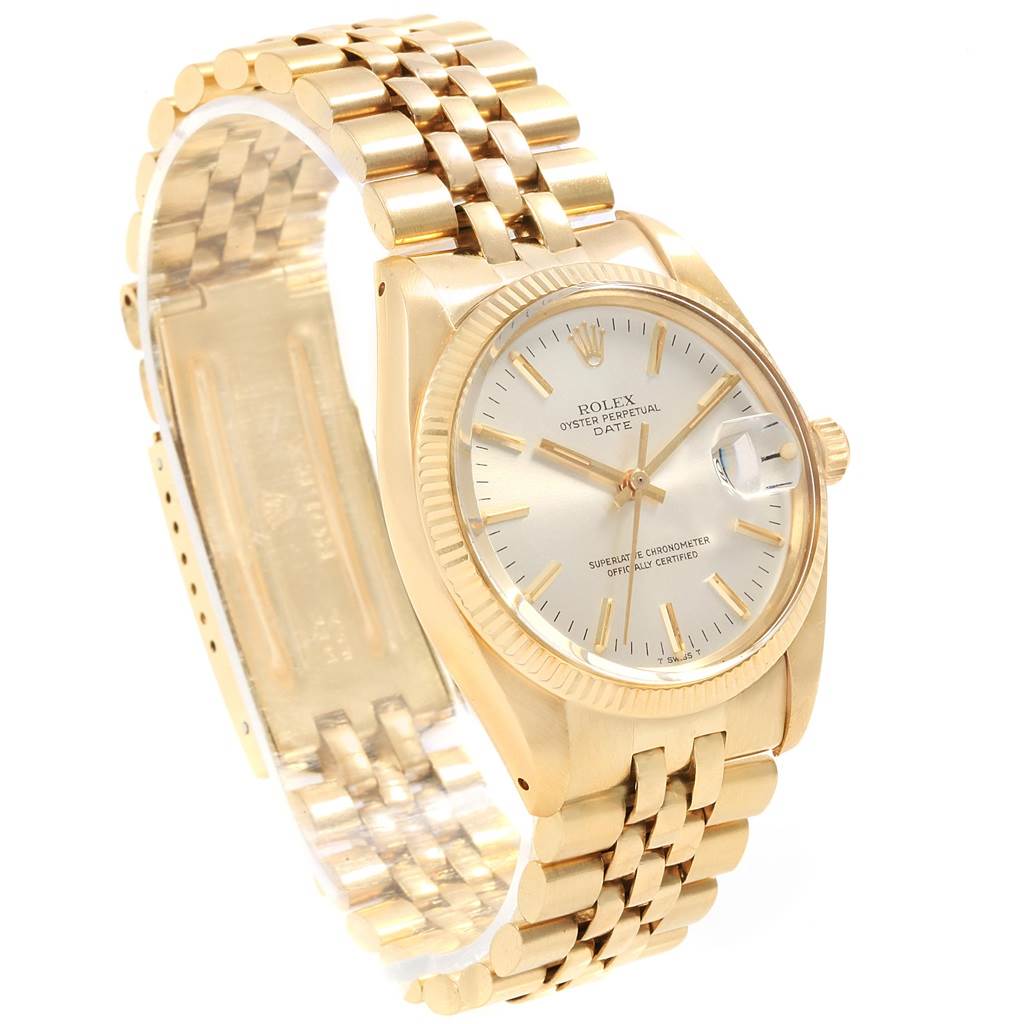 The Rolex Vintage Collection 1503 Men's Yellow Gold Silver Dial 1503 Men's Yellow Gold Silver Dial watch is displayed at a three-quarter angle, showcasing its gold case, bracelet, and dial.