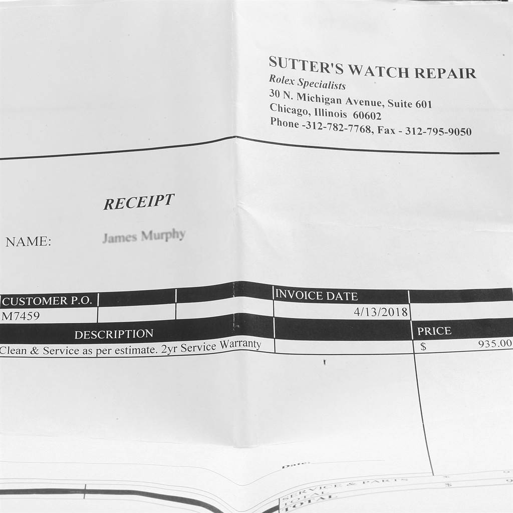 The image shows a receipt from Sutter’s Watch Repair for cleaning and servicing a Vintage Collection model by Rolex.