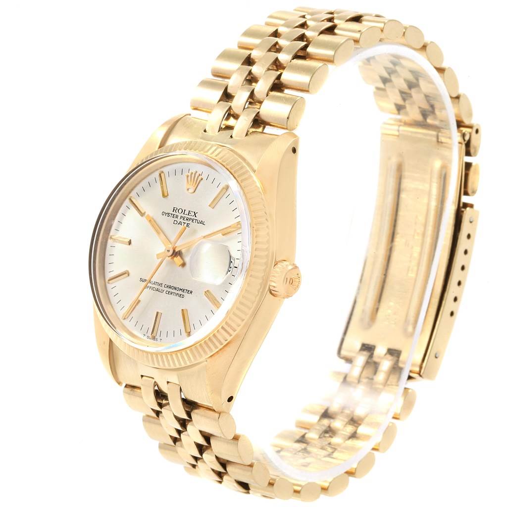 The image shows an angled view of the Rolex Vintage Collection 1503 Men's Yellow Gold Silver Dial 1503 Men's Yellow Gold Silver Dial watch, highlighting the face, crown, and bracelet.