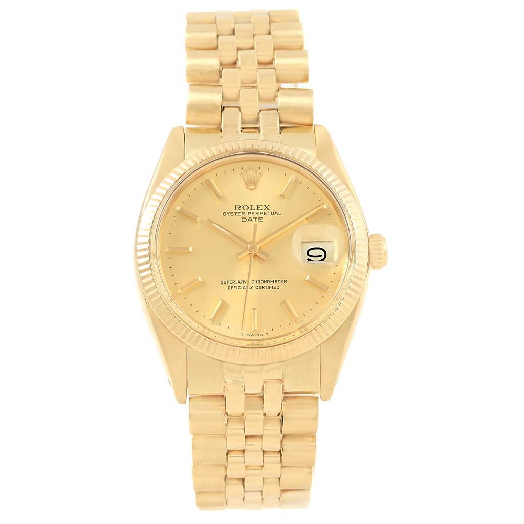 The image shows a full frontal view of a Rolex Vintage Collection 1503 Men's Yellow Gold Champagne Dial 1503 Men's Yellow Gold Champagne Dial Oyster Perpetual Date watch, displaying its dial, case, and bracelet.