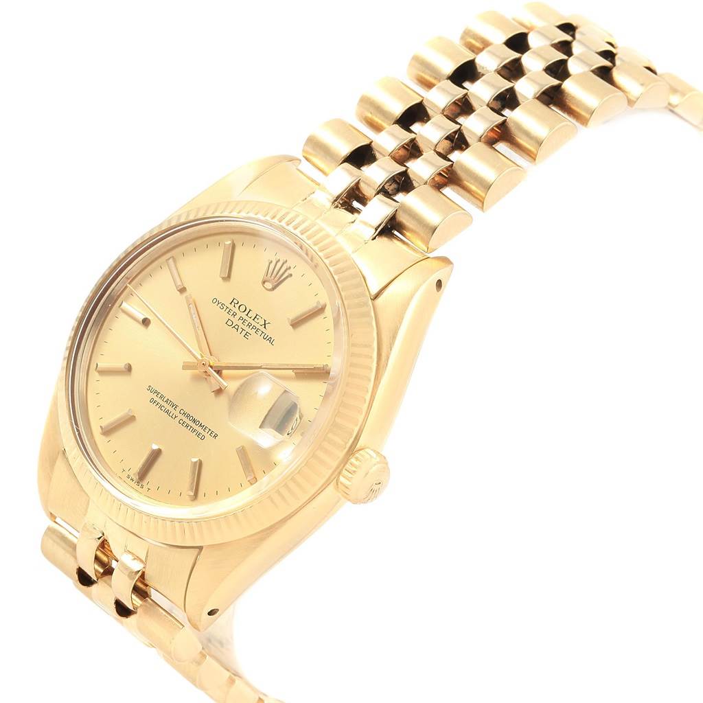 This image shows a top angled view of the Rolex Vintage Collection 1503 Men's Yellow Gold Champagne Dial 1503 Men's Yellow Gold Champagne Dial Oyster Perpetual Date, highlighting the dial, bezel, and bracelet.