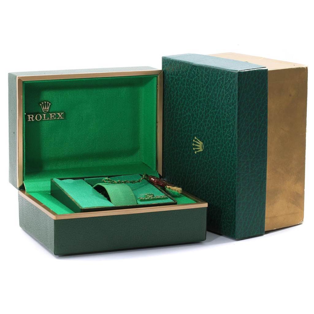 This image shows the open case and outer packaging of a Rolex Vintage Collection 1503 Men's Yellow Gold Champagne Dial 1503 Men's Yellow Gold Champagne Dial watch, viewed from the front.