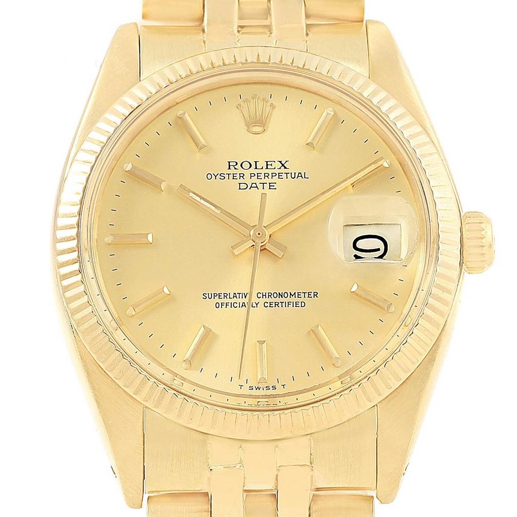 This image shows a front view of a Rolex Vintage Collection 1503 Men's Yellow Gold Champagne Dial 1503 Men's Yellow Gold Champagne Dial Oyster Perpetual Date watch, highlighting its dial, hands, and date window.
