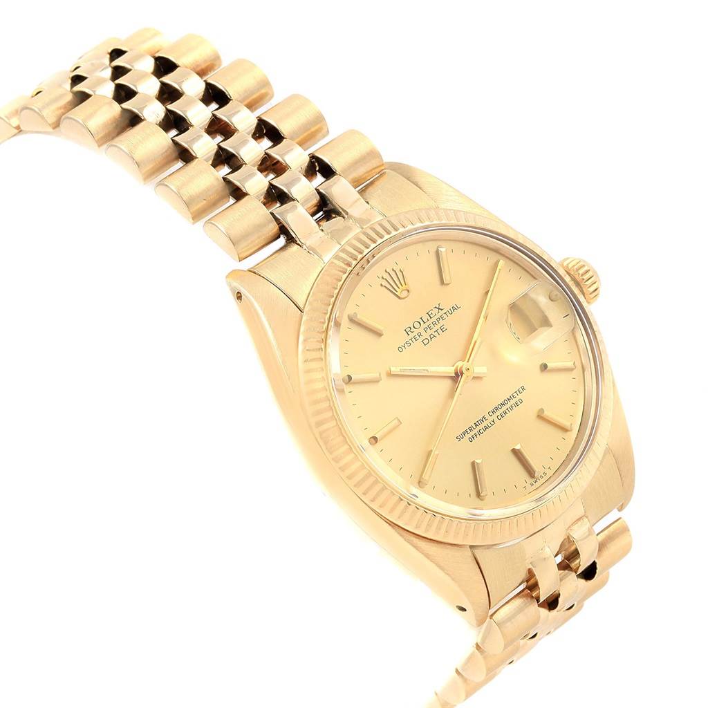 The image shows a side angle of a Rolex Vintage Collection 1503 Men's Yellow Gold Champagne Dial 1503 Men's Yellow Gold Champagne Dial watch, highlighting its gold case, bracelet, and dial with a date window.