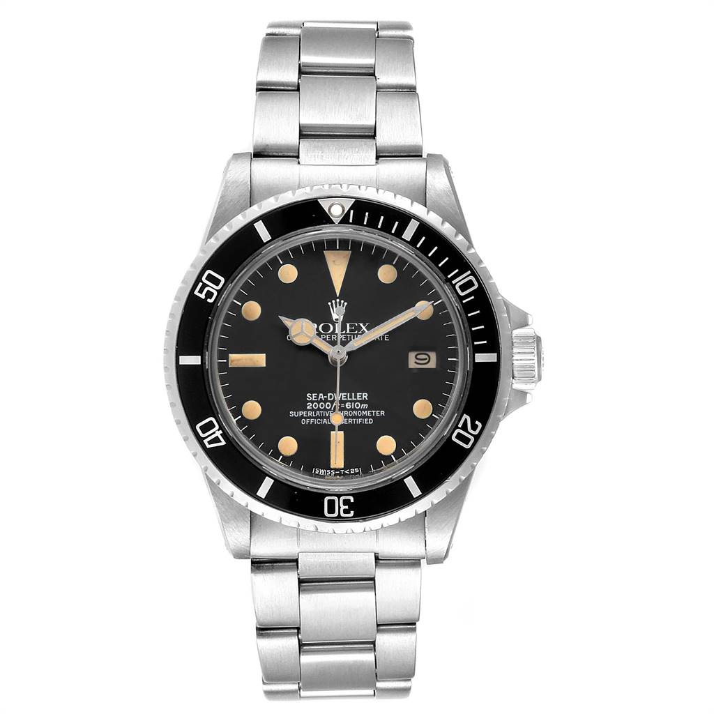The image shows a frontal view of a Rolex Vintage Collection 1665 Men's Stainless Steel Black Dial 1665 Men's Stainless Steel Black Dial Sea-Dweller watch, displaying its dial, bezel, and stainless steel bracelet.