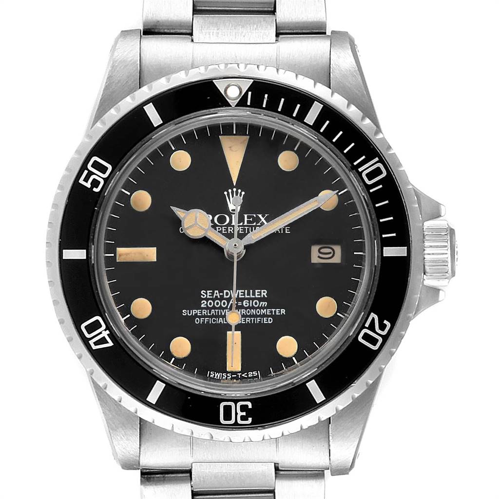 The image shows a front view of the Rolex Vintage Collection 1665 Men's Stainless Steel Black Dial 1665 Men's Stainless Steel Black Dial Sea-Dweller watch with a black dial and steel bracelet.