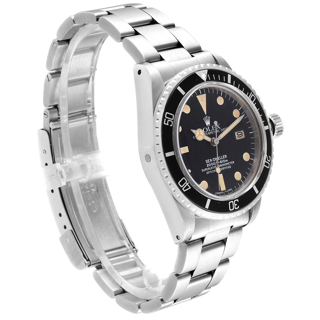 The Rolex Vintage Collection 1665 Men's Stainless Steel Black Dial 1665 Men's Stainless Steel Black Dial model watch is shown at a slight side angle, highlighting the face, bezel, and metal bracelet.