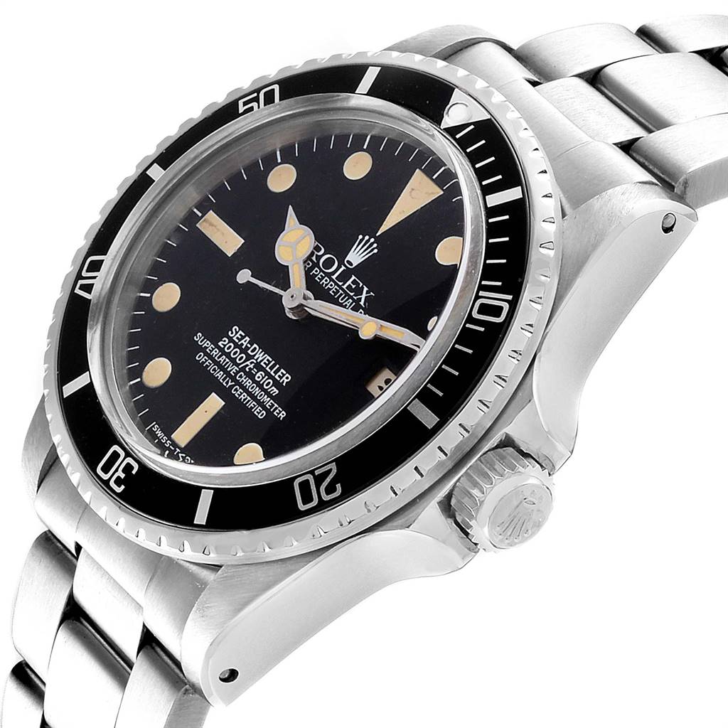 The Rolex Vintage Collection 1665 Men's Stainless Steel Black Dial 1665 Men's Stainless Steel Black Dial Sea-Dweller is shown at a slight angle, displaying the bezel, dial, crown, and a portion of the bracelet.
