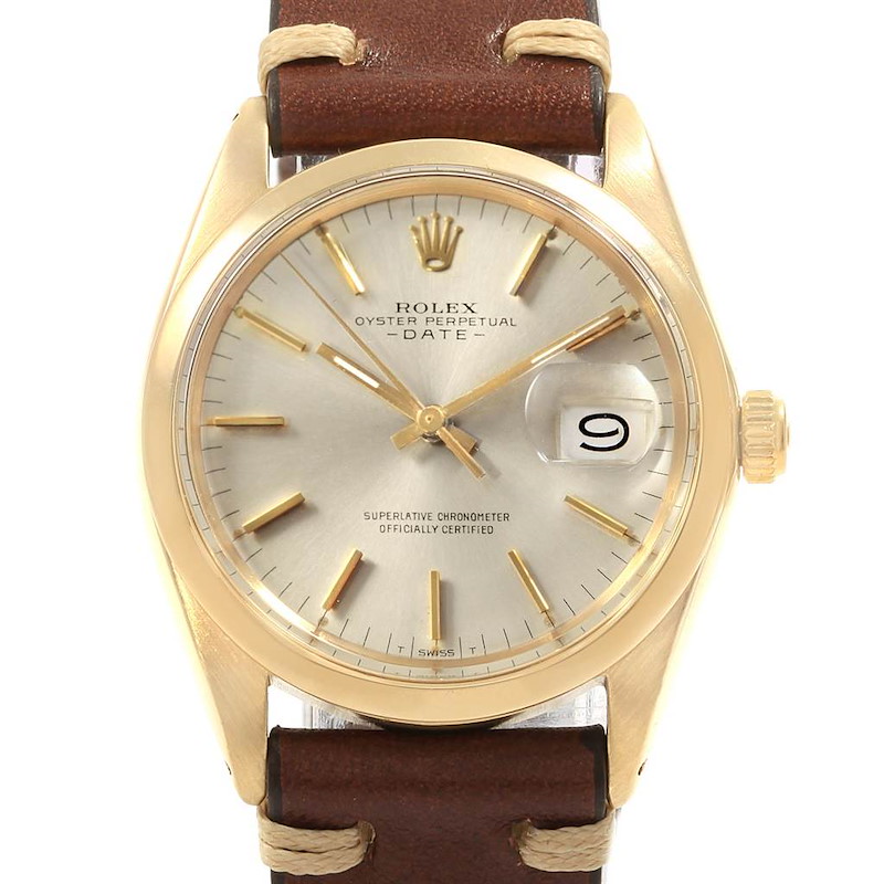Rolex Date 14K Yellow Gold Silver Dial Vintage Mens Watch 1500 SwissWatchExpo