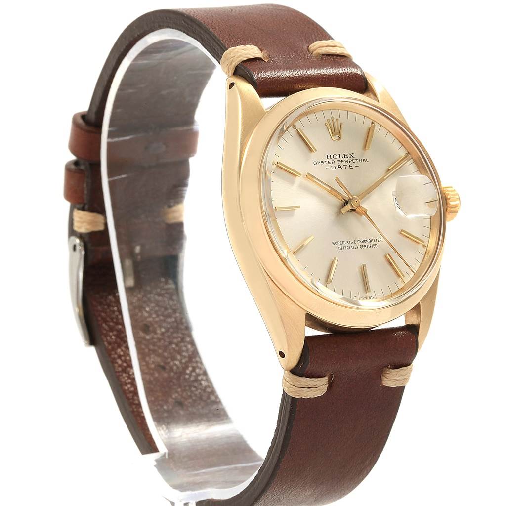 The Vintage Collection Rolex watch is shown at an angle highlighting the dial, case, leather strap, and side view.
