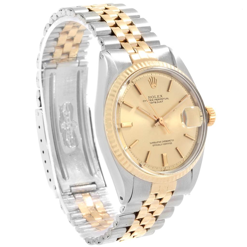The image shows a Rolex Vintage Collection 1601 Men's Steel and Gold (two tone) Silver Dial 1601 Men's Steel and Gold (two tone) Silver Dial watch from a front-side angle, highlighting its face, bezel, and bracelet.