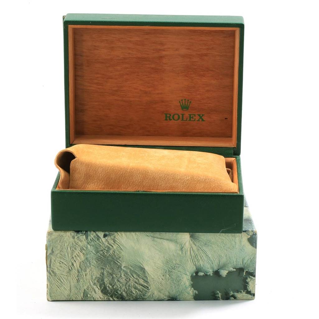 This image features a Rolex Vintage Collection 1601 Men's Steel and Gold (two tone) Silver Dial 1601 Men's Steel and Gold (two tone) Silver Dial watch box with a cushion inside, shown from an angled top-front view.