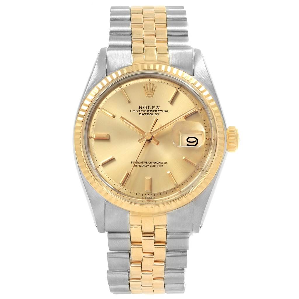 The image shows a front view of a Rolex Vintage Collection 1601 Men's Steel and Gold (two tone) Silver Dial 1601 Men's Steel and Gold (two tone) Silver Dial watch including its dial, bezel, crown, and two-tone bracelet.