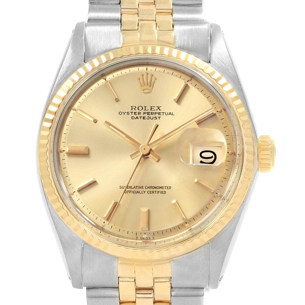 The image shows a frontal view of the Rolex Vintage Collection 1601 Men's Steel and Gold (two tone) Silver Dial 1601 Men's Steel and Gold (two tone) Silver Dial Oyster Perpetual Datejust watch, highlighting the dial and bracelet.