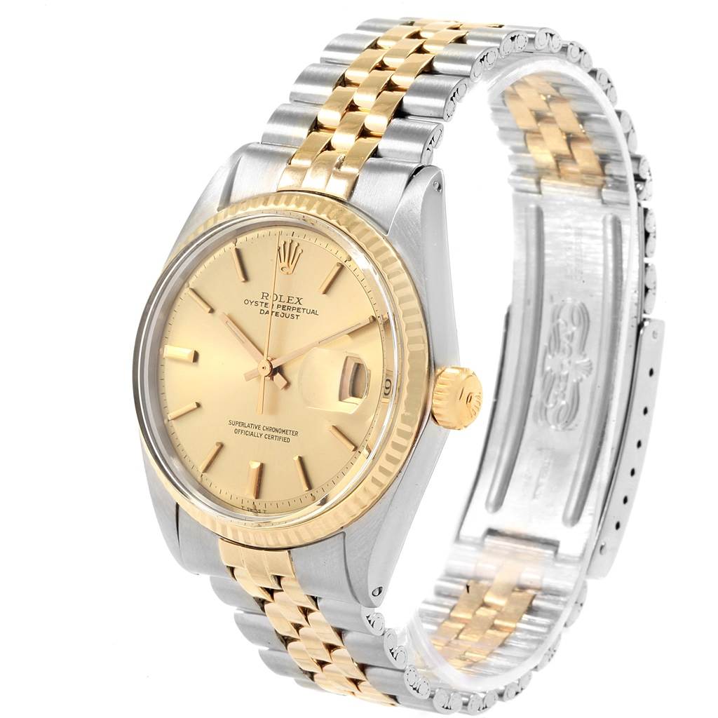 This image shows the front and side view of a Rolex Vintage Collection 1601 Men's Steel and Gold (two tone) Silver Dial 1601 Men's Steel and Gold (two tone) Silver Dial model, highlighting its dial, bezel, and two-tone bracelet.
