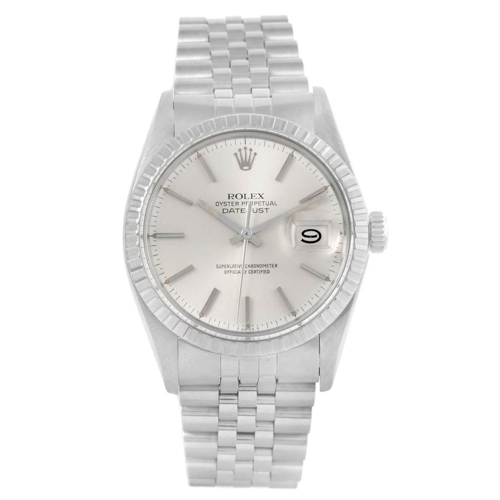 The image shows a frontal view of the Rolex Vintage Collection 16030 Men
s Stainless Steel Silver Dial 16030 Men
s Stainless Steel Silver Dial Datejust, featuring its dial, fluted bezel, and jubilee bracelet.