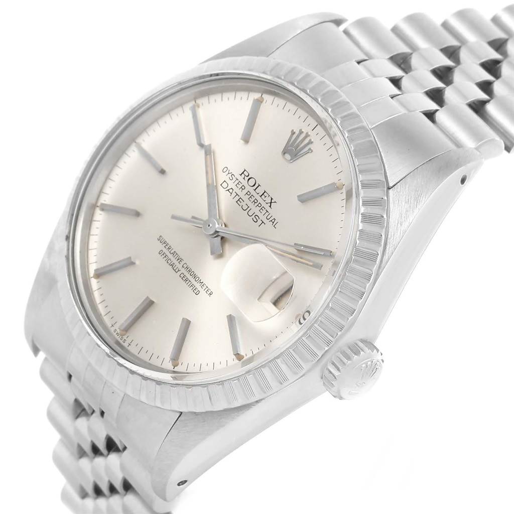 The image shows a close-up angle of a Rolex Vintage Collection 16030 Men
s Stainless Steel Silver Dial 16030 Men
s Stainless Steel Silver Dial Datejust watch, highlighting its dial, bezel, crown, and bracelet.
