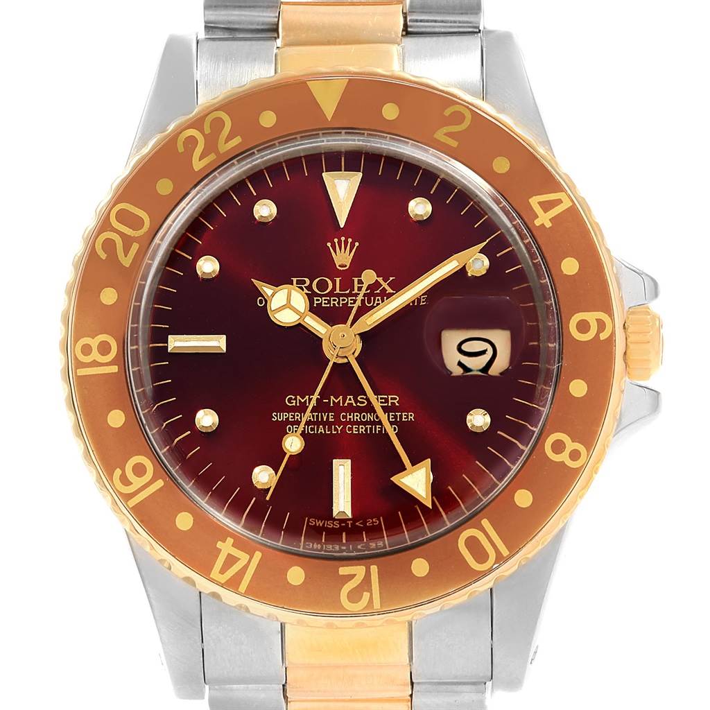 The image shows a front view of the Rolex Vintage Collection 16753 Men's Stainless Steel Brown Dial 16753 Men's Stainless Steel Brown Dial GMT-Master watch, showcasing the face, bezel, and part of the bracelet.