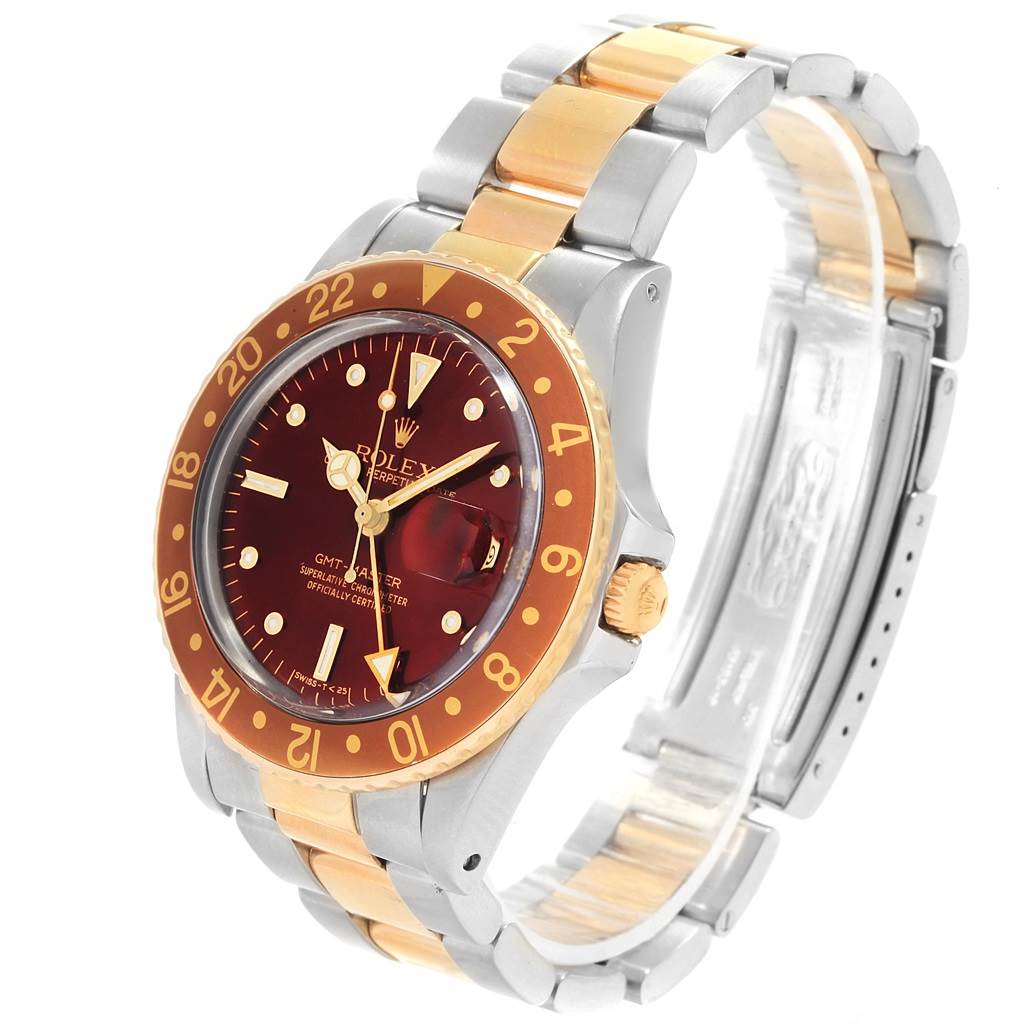 The image shows a Rolex Vintage Collection 16753 Men's Stainless Steel Brown Dial 16753 Men's Stainless Steel Brown Dial GMT-Master watch at an angle displaying its face, bezel, crown, and metal bracelet.