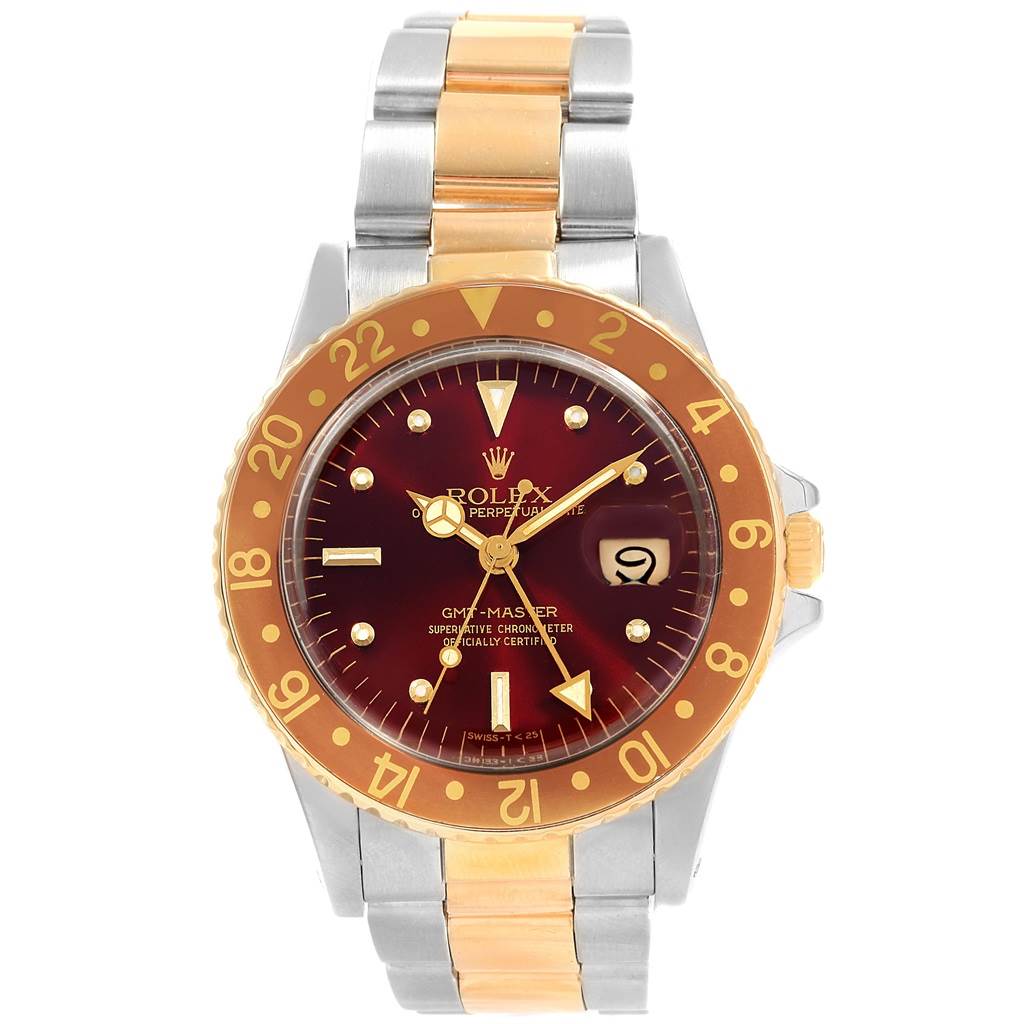 The image shows a front view of the Rolex Vintage Collection 16753 Men's Stainless Steel Brown Dial 16753 Men's Stainless Steel Brown Dial GMT-Master watch, displaying its face, bezel, and bracelet.