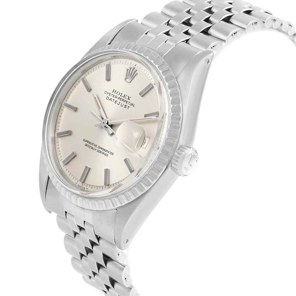 The image shows a side angle of a Rolex Vintage Collection 1603 Men's Stainless Steel Silver Dial 1603 Men's Stainless Steel Silver Dial Oyster Perpetual Datejust watch.
