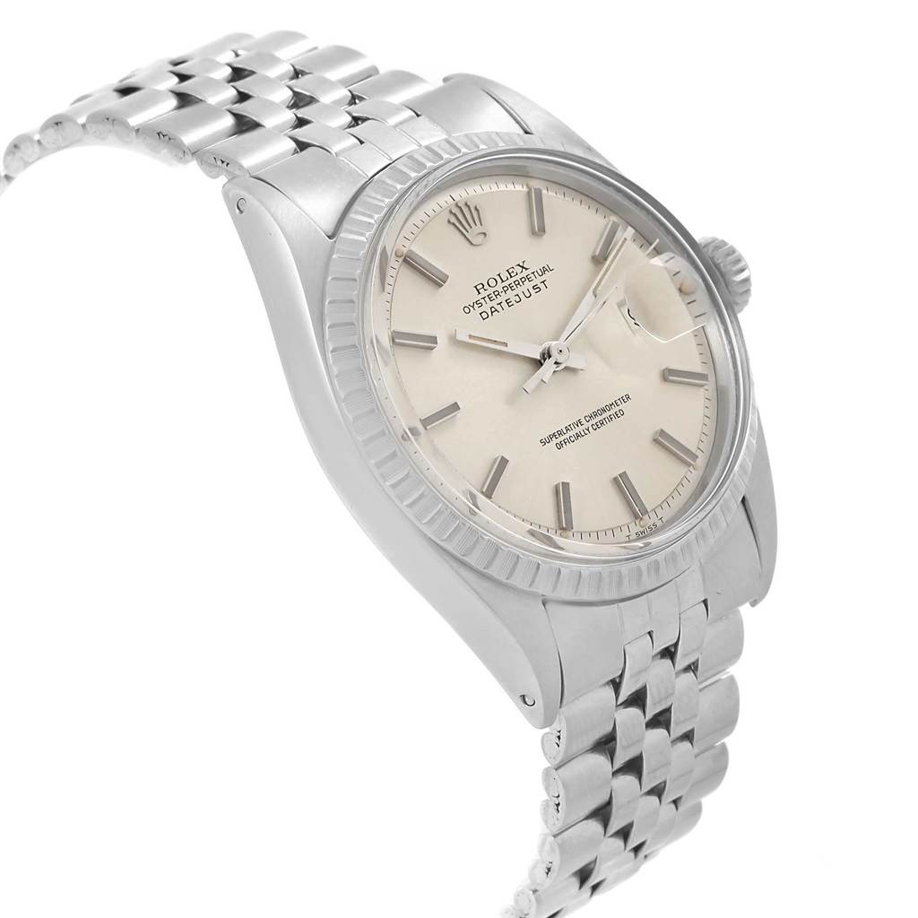 The image shows a Rolex Vintage Collection 1603 Men's Stainless Steel Silver Dial 1603 Men's Stainless Steel Silver Dial model watch from an angled top-down view, highlighting the face, bezel, and part of the bracelet.