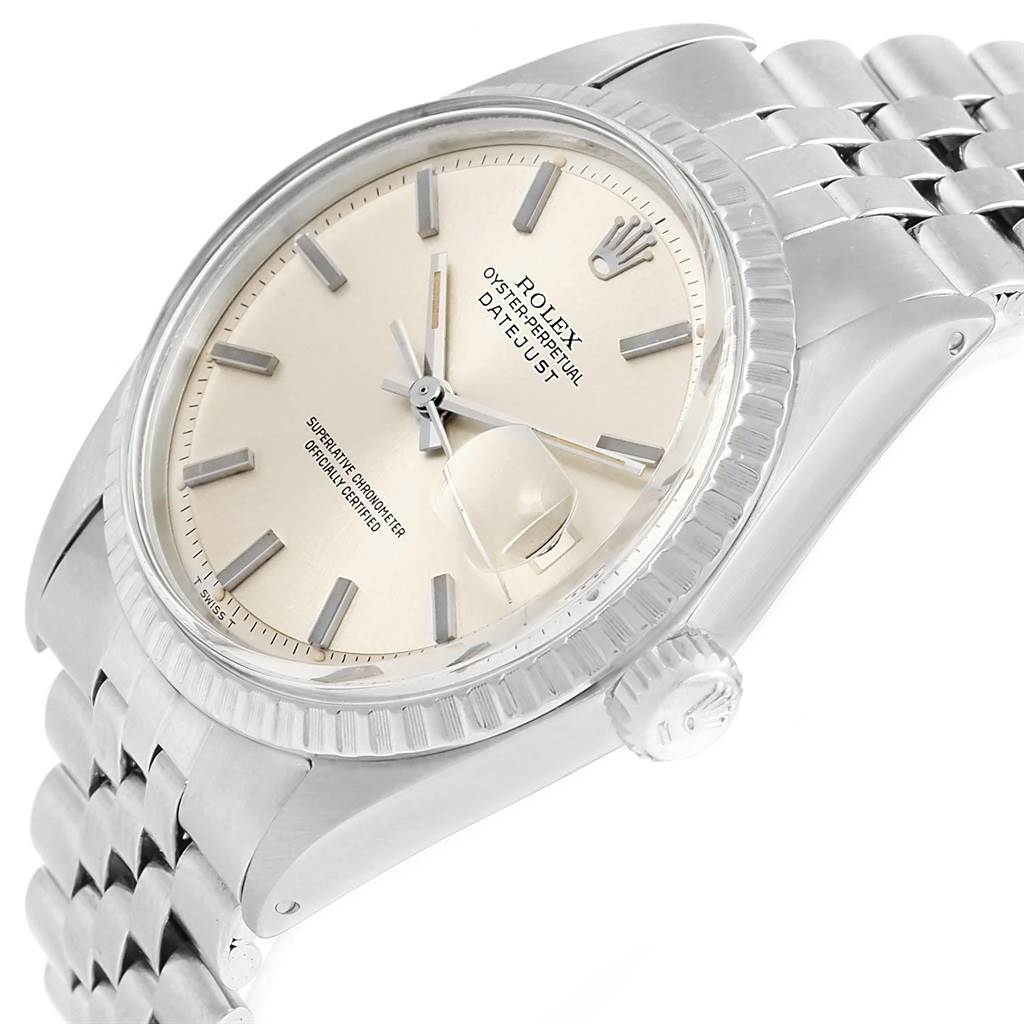 The Rolex Vintage Collection 1603 Men's Stainless Steel Silver Dial 1603 Men's Stainless Steel Silver Dial Datejust watch is shown at a slight side angle, highlighting the dial, crown, and bracelet.