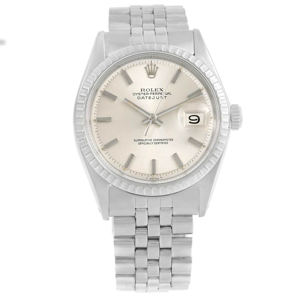 The image shows a front view of the Rolex Vintage Collection 1603 Men's Stainless Steel Silver Dial 1603 Men's Stainless Steel Silver Dial Oyster Perpetual Datejust watch, displaying its dial, hands, bezel, and bracelet.