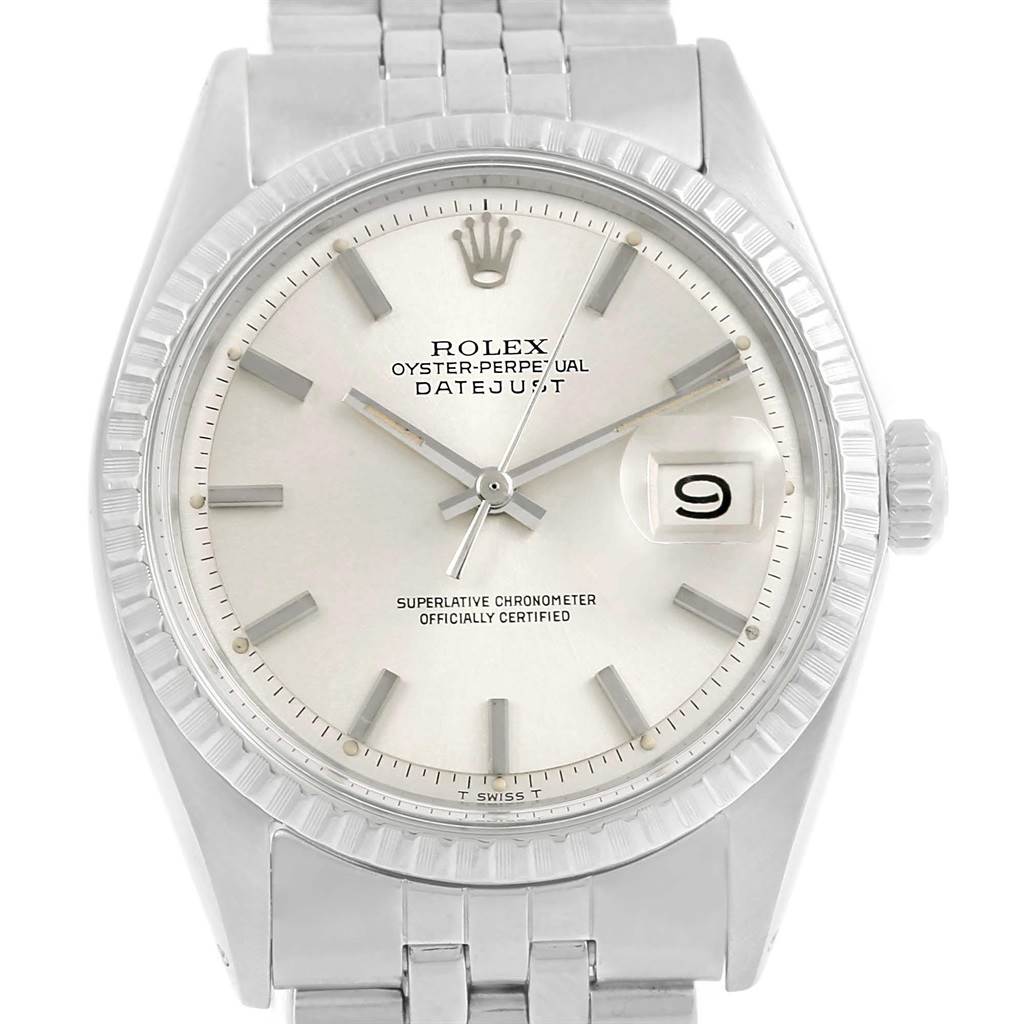 This image shows a front view of the Rolex Vintage Collection 1603 Men's Stainless Steel Silver Dial 1603 Men's Stainless Steel Silver Dial Oyster Perpetual Datejust watch, highlighting the dial, hands, and bracelet.