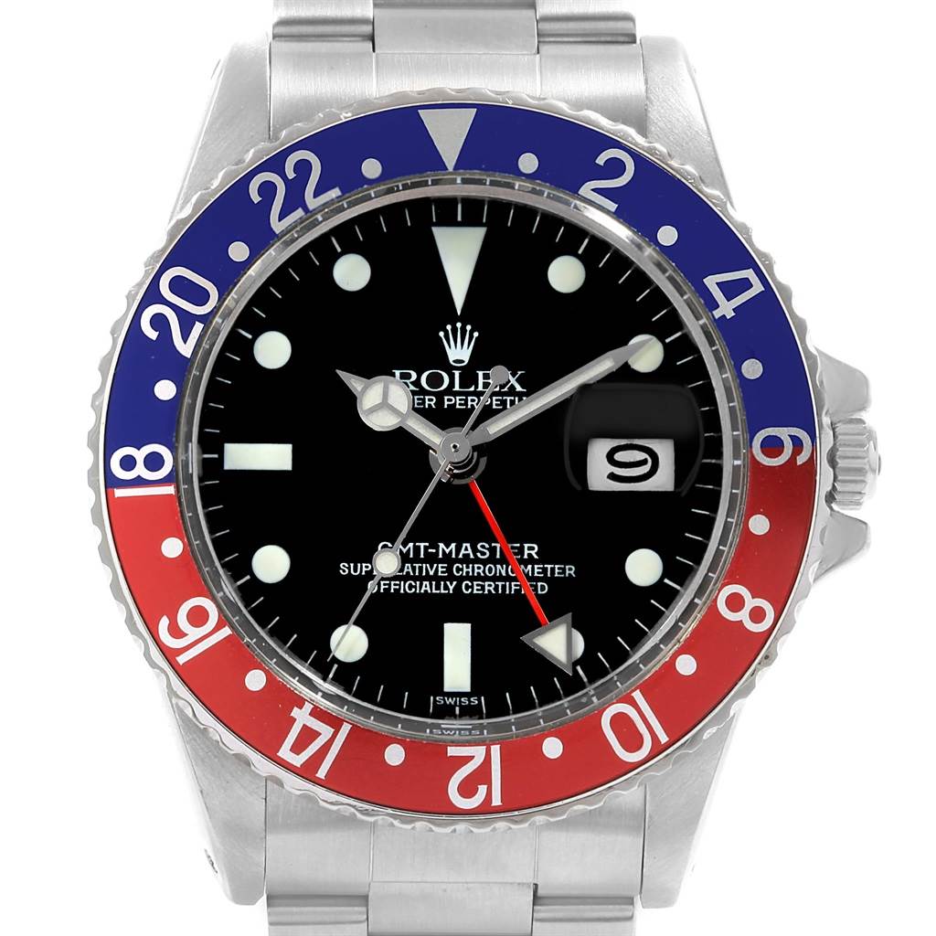 This image shows a front view of the dial and bezel of the Rolex Vintage Collection 1675 Men's Stainless Steel Black Dial 1675 Men's Stainless Steel Black Dial GMT-Master watch.